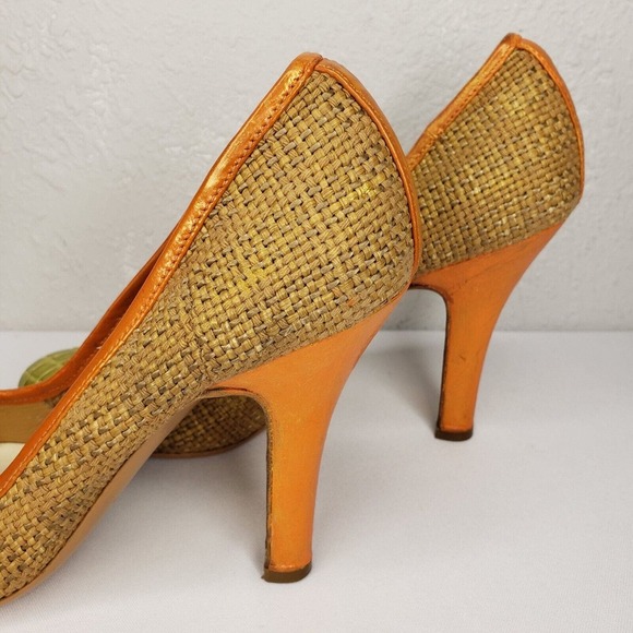 PRADA Woven Color Block Orange Croc Cap Toe Green Leather Trim Pumps Size 37 EU - Picture 7 of 15